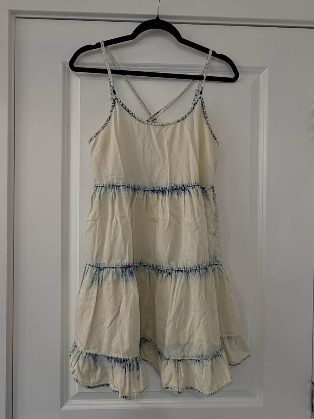 Vintage Havana Cream Mini Dress with Blue Tie-Dye Trim